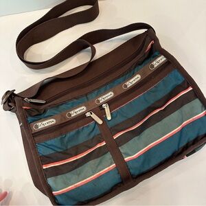 Le Sportsac Double Zip Expandable Crossbody Bag Brown Striped Sport Sac